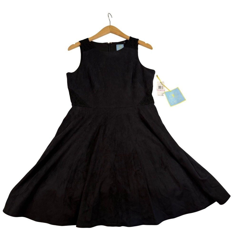 CeCe Rich Black Faux Suede Crochet Back Fit and Flare Skater Dress‎ 6 73569019